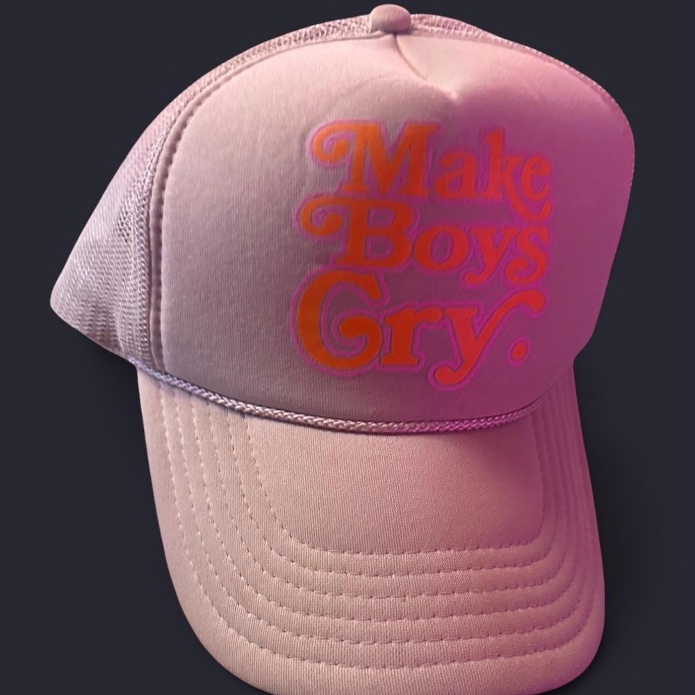 Light Brown Trucker Hat with Orange and Pink Text "Make Boys Cry"